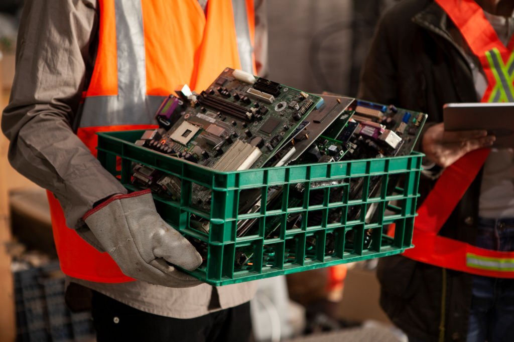 Portrait of female and male recycling coworkers holding digital tablet and plastic box full of old mother boards while looking at the camera